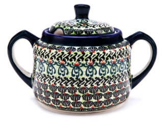 Zuckerdose, kompakt-bauchige Form mit zwei Henkeln und flachem Deckel, 350 ml, Dekor DU181