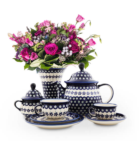 Bunzlauer Keramik Konvolut aus Tassen, Blumenvase und Teekanne
